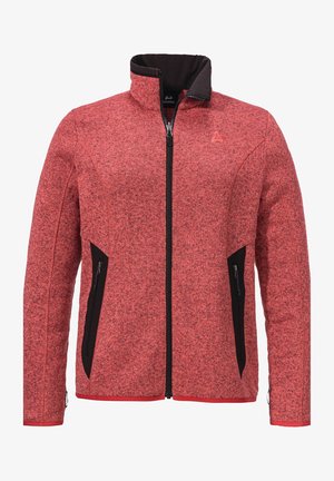 Rote strukturierte Zip-Jacke mit schwarzem Kragen, ausgestattet mit schwarzen Reißverschluss-Seitentaschen und kontrastierenden schwarzen Akzenten an Ärmeln und Körper.