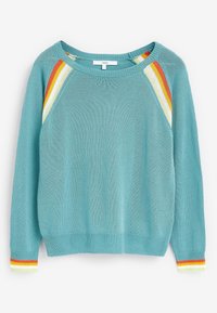 Licht teal trui met een losse fit, ribbel manchetten met regenboogstrepen in geel, rood en groen, en een ronde halslijn.