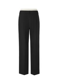 Black straight-leg trousers with a white elastic waistband, belt loops, and a small logo tag on the left side.