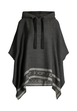 Poncho grigio scuro con cappuccio, dotato di coulisse nera e orlo decorato con il motivo "JOOP!" in grigio chiaro. Tessuto morbido e lavorato.