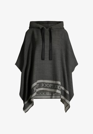 Donkergrijze poncho met een capuchon, voorzien van zwarte trekkoorden en een gegolfde rand met "JOOP!" in lichtgrijs. Zachte, gestructureerde stof.