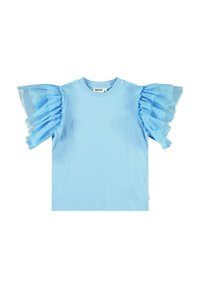 Ljusblå t-shirt med korta, genomskinliga tulle-rufflar. Har rund halsringning och en mjuk bomullsstruktur. Etikett på halsringningen.
