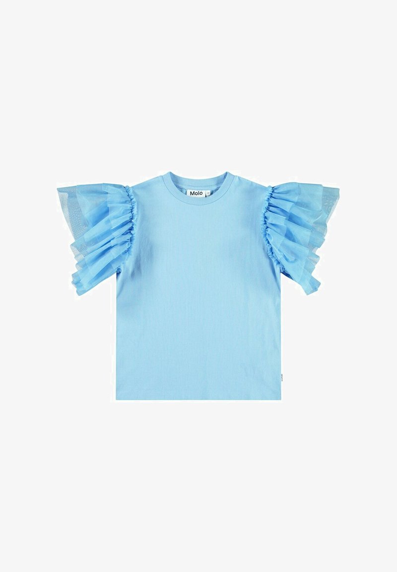 Jasnoniebieska koszulka z krótkimi, przezroczystymi rękawami z tiulu udrapowanych. Posiada okrągły dekolt i miękką bawełnianą strukturę. Metka na dekolcie.