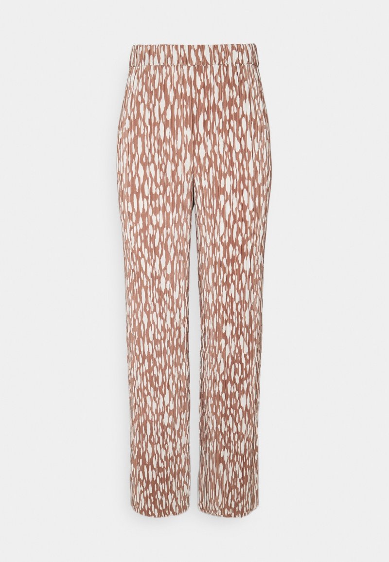 Pantalon ample à motif abstrait marron et blanc avec une taille élastique et des jambes droites.