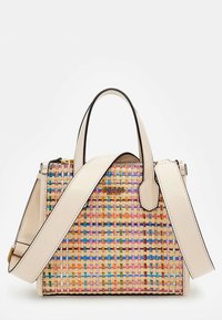 Borsa intrecciata in paglia multicolore con dettagli in finta pelle color crema. Presenta manici superiori doppi e una tracolla staccabile. Dettaglio con logo dorato.