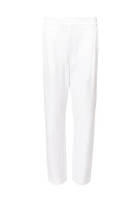 Pantaloni bianchi sartoriali con una texture liscia, taglio alla caviglia e tasche laterali. Presentano pieghe frontali e una vita discreta.