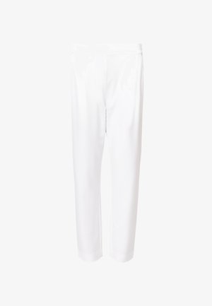 Pantalones blancos ajustados con una textura suave, corte hasta los tobillos y bolsillos laterales. Presenta pliegues en la parte delantera y una cinturilla discreta.