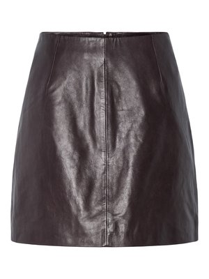 Brun skinnmini skjørt med en jevn tekstur, tettsittende design og subtile sømdetaljer ved midjen og kanten.