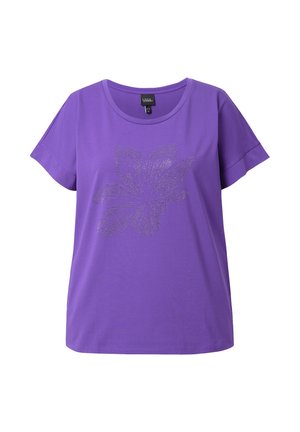 Lila Kurzarm-T-Shirt aus Baumwolle, mit einem strukturierten Blumendesign aus Glitzer auf der Vorderseite und einem runden Halsausschnitt.