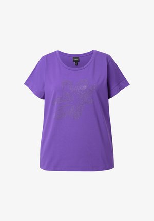 Lila Kurzarm-T-Shirt aus Baumwolle, mit einem strukturierten Blumendesign aus Glitzer auf der Vorderseite und einem runden Halsausschnitt.
