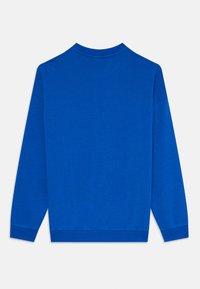 Μπλε φούτερ με μακριά μανίκια, στρογγυλή λαιμόκοψη και ribbed τελειώματα. Η υφή του υφάσματος φαίνεται λεία με ομοιόμορφο χρώμα, χωρίς επιπλέον μοτίβα ή λεπτομέρειες.