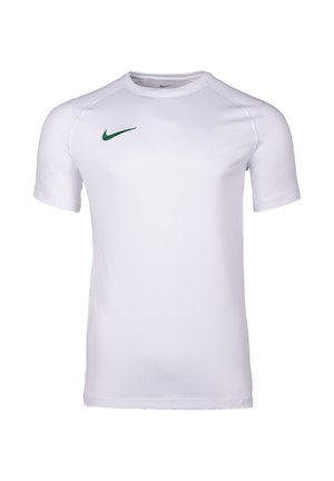 Weißes kurzärmeliges Sportshirt mit Rundhalsausschnitt und grünem Nike-Swoosh-Logo auf der rechten Brust.