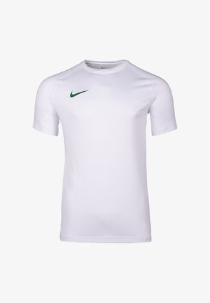 T-shirt de sport blanc à manches courtes avec col rond et logo Nike swoosh vert sur le côté droit de la poitrine.