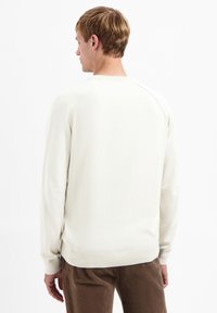 Crème kleurige trui met lange mouwen, ribbelboorden en -zoom, en naadloze schouders, gezien van achteren. Zachte textuur, minimaal ontwerp.