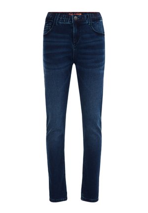 Mørkeblå slim-fit jeans med frontlommer, knap og elastisk talje, samt subtil falmning på lårene.