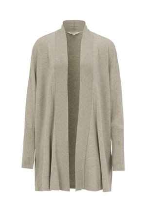 Beige open-front cardigan with ribbed shawl collar and cuffs, long sleeves, and a relaxed fit.