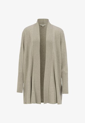 Beige open-front cardigan with ribbed shawl collar and cuffs, long sleeves, and a relaxed fit.