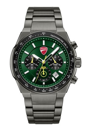 Edelstahl-Chronograph mit grünem Zifferblatt, drei Hilfszifferblättern für Minuten, Stunden, Sekunden, Datumsfenster, Tachymeter-Lünette und Ducati-Logo.