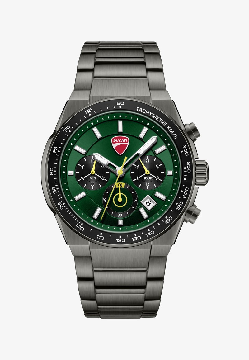 Montre chronographe en acier inoxydable avec cadran vert, trois sous-cadrans pour les minutes, les heures, les secondes, fenêtre date, lunette tachymètre et logo Ducati.