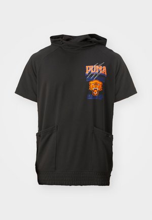 Black short-sleeve hoodie with a high neck, features orange and blue graphics, a lion’s head, and two front zippered pockets.