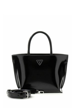 Borsa nera lucida con design strutturato, manici arrotondati e tracolla staccabile. Presenta un emblema del logo argentato sulla parte anteriore.
