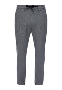 Pantalones a cuadros en blanco y negro, con un diseño ajustado, cintura elástica con cordón y una textura de tela suave.