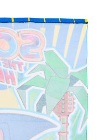 Kleurrijke stranddeken met levendige grafische afbeeldingen van gitaren, palmbomen en de tekst "Sonic the Hedgehog." Zacht, gewafeld stof.