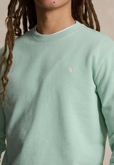 Sweatshirt verde menta claro com decote redondo, punhos canelados e um pequeno logótipo bordado no peito. Tecido macio e texturizado.