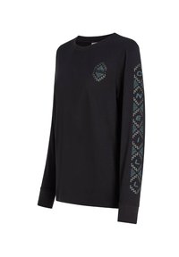Black long-sleeve shirt with a round neck, featuring a turquoise geometric logo on the chest and patterned accents along the sleeves.