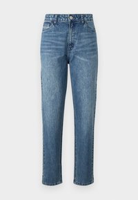 Jean en denim bleu avec une coupe droite, cinq poches et une fermeture à bouton sur le devant. Teinte claire avec un léger délavage et une surface texturée.