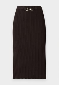 Μαύρη φούστα-μολύβι με ριμπ υφή και ζώνη στη μέση με μεταλλική αγκράφα, υφασμάτινη υφή, σχεδιασμός μέχρι το γόνατο και κυματιστό τελείωμα.