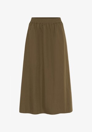 Rjava A-linija krilo z elastičnim pasom, do kolen, izdelano iz lahkotnega materiala.