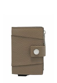 Portefeuille en cuir marron avec une finition texturée, équipé d'une fermeture à bouton-pression, de ferrures argentées, et d'un design rectangulaire mince.