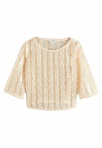 Haut beige à manches courtes en tissu transparent, avec un motif de feuilles en sequins, un col rond et un design cropped.