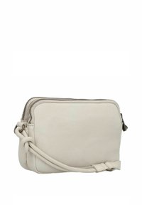 Borsa a tracolla in pelle grigio chiaro. Dotata di una chiusura con zip e di una tracolla annodata. Texture liscia senza motivi o loghi visibili.
