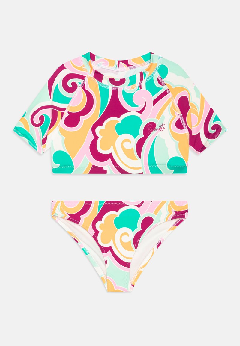 Ensemble de bikini à manches courtes présentant un motif en tourbillon multicolore dans des teintes de rose, de bleu et de jaune. Fabriqué en tissu lisse et extensible pour un maximum de confort.