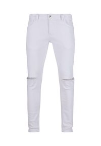 Jeanși din denim alb cu croi slim, având genunchi rupți, design clasic cu cinci buzunare și închidere standard cu buton și fermoar.