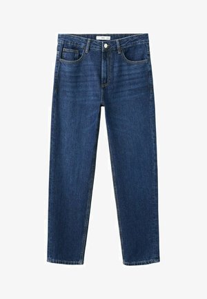 Niebieskie proste jeansy z denimu z przednimi kieszeniami, szlufkami na pasek i zapięciem na guzik, przedstawione na białym tle.