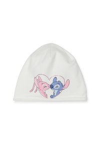 Gorro blanco con un personaje rosa y un personaje azul dentro de un diseño de corazón, hecho de tela suave con una textura lisa.