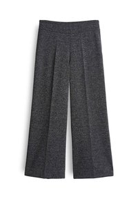 Graue weite Hose aus strukturiertem Stoff mit vorderen Falten und flachem Bund, designed für Komfort und Bewegungsfreiheit.