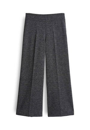 Gray wide-leg pants with a textured fabric, featuring front pleats and a flat waistband, designed for comfort and movement.