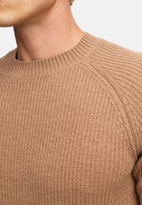 Brązowy sweter z prążkowanej dzianiny z okrągłym dekoltem i rękawami raglanowymi, prezentujący fakturowany materiał i dopasowany krój.