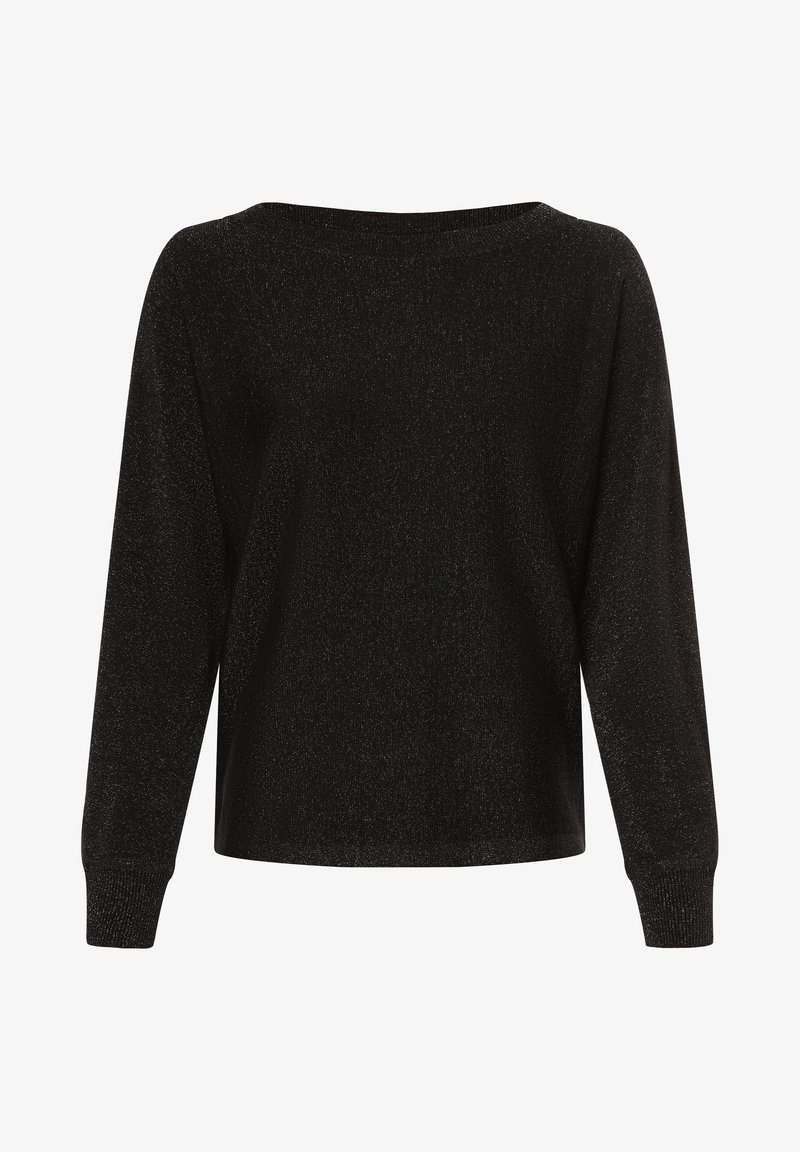 Maglione nero a maniche lunghe con vestibilità comoda, realizzato in un tessuto testurizzato scintillante. Presenta polsini a coste e una scollatura ampia.