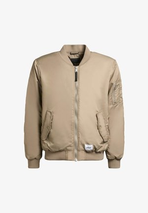 Beige bomber jacket with a smooth, shiny texture, zip front, ribbed cuffs and hem, side pockets, and a patch pocket on the left sleeve.