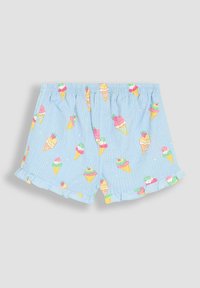Blauwe shorts met een elastische tailleband, voorzien van een speels patroon van ijsjes en een gerimpelde zoom. Gemaakt van lichte stof.