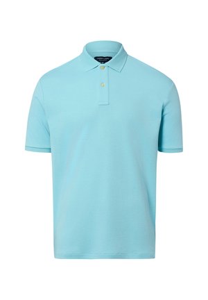 Polo bleu clair à manches courtes avec deux boutons et un col, présenté sur un fond blanc uni.