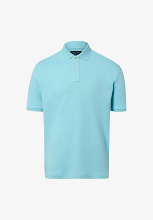 Jasnoniebieska koszulka polo z krótkim rękawem, dwoma guzikami i kołnierzykiem, przedstawiona na jednolitym białym tle.