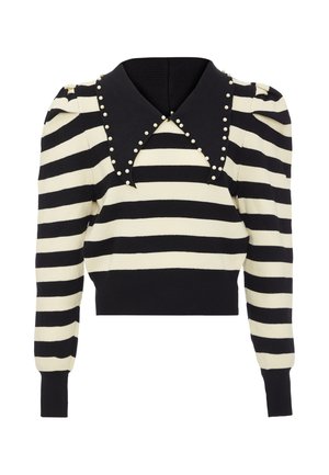 Black and cream striped sweater with a cropped design. Features a wide collar adorned with pearl-like accents and puffed sleeves.