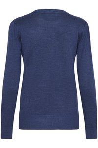 Sinine kootud kampsun pikkade varrukatega, soonikkoes kaeluse ja äärega, sileda tekstuuri ja klassikalise lõikega.