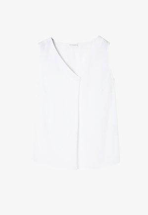 Valge ilma varrukateta topp, mis on valmistatud siledast kangast, millel on V-kaelus ja sirge lõige. Lihtne disain, ilma mustrite või aktsentideta.